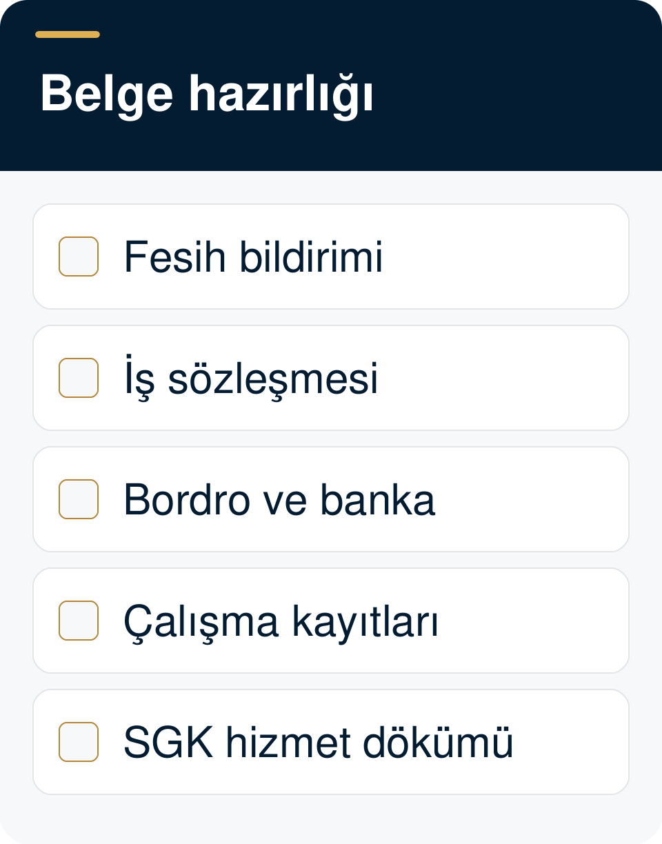 Fesih bildirimi, iş sözleşmesi, bordro ve banka kayıtları, çalışma kayıtları ve SGK hizmet dökümünden oluşan belge hazırlık listesi.
